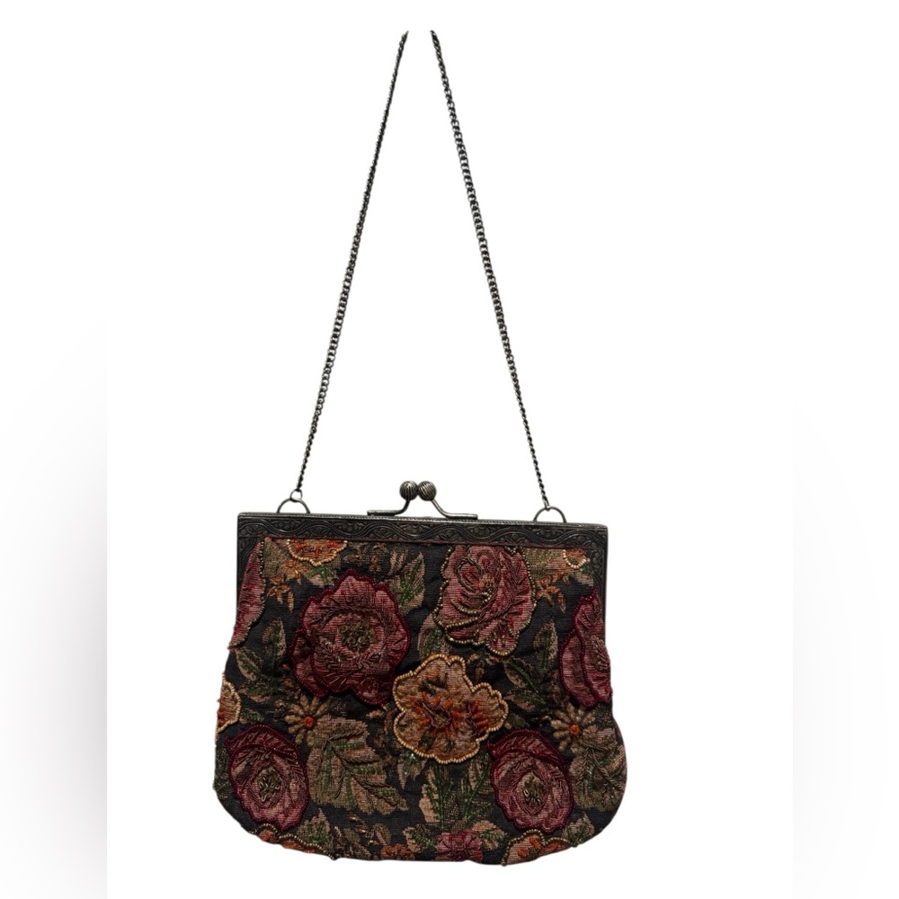 CHRISTIANA Vintage Floral Embroidered and Beaded Chain Strap Bag